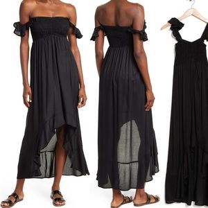 NWT Boho Me off the shoulder high-low dress in black. Size: small